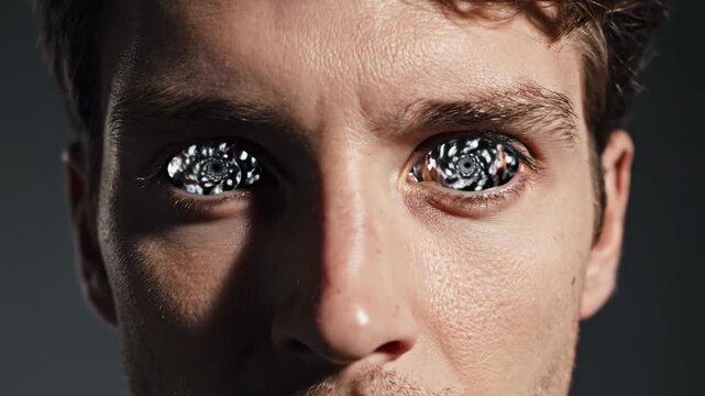 Stressed man experiencing a mental breakdown and head explosion due to digital burnout from information overload, with his eyes turning into a chaotic swirl of data and fractals