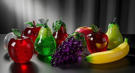 Fresh colorful fruits arranged on a dark background, glossy surface with water droplets, studio lighting, vibrant colors, realistic details, clean and professional food photography style, high quality