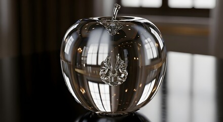 Transparent show piece in shape of apple isolated on solid blur background 