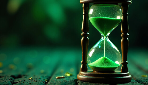 Hourglass with green sand on wooden surface in mystical ambiance. Hourglass captures time flowing with vibrant green sand emphasizing moments passing by in serene atmosphere.