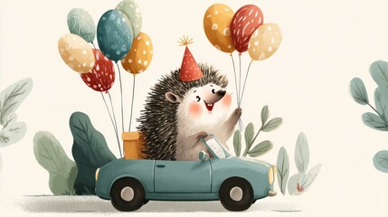 hedgehog in a car with balloons.