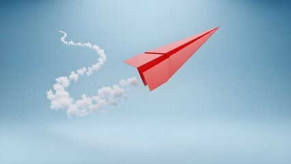 Red paper airplane flying with smoke trail against blue background  
