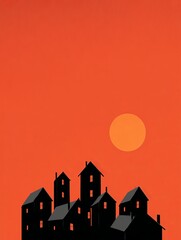 silhouettes of houses with an orange sun against a red sky.