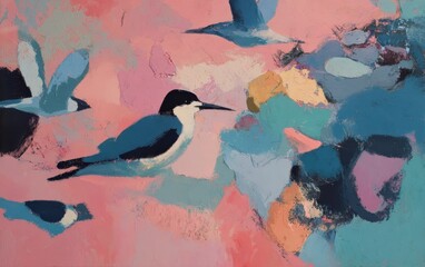 Colorful Abstract Birds on Vibrant Pink Background