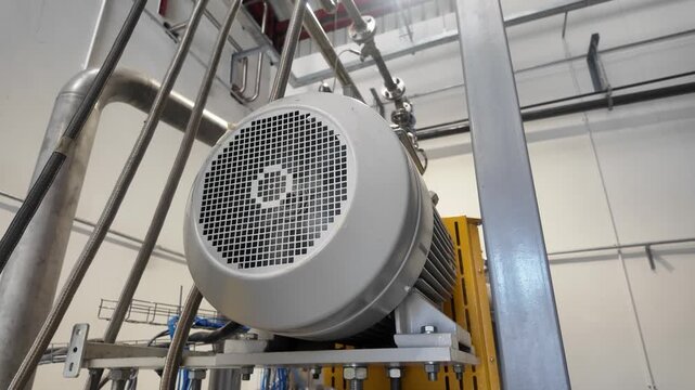 Large industrial electric motor and stainless steel piping system mounted on a metal frame in an abattoir processing facility