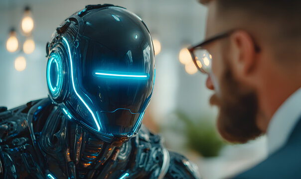 Artificial intelligence robot job interview against a human candidate, career, job search, ai