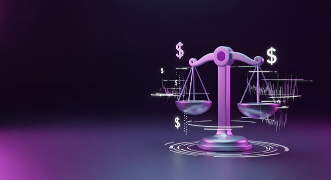 Digital Scales of Justice with Dollar Signs and Financial Graphs on a Gradient Purple-Blue Background, Representing Financial Equity