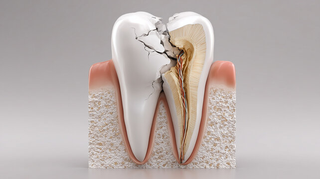 Cracked Tooth with Exposed Pulp. 3D Dental Anatomy Illustration.