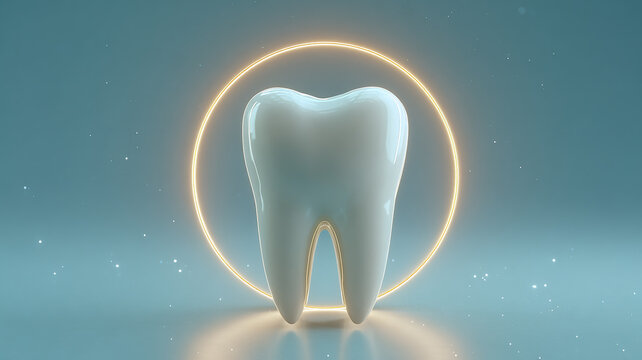 Protected Healthy Tooth in Circular Shield on Blue Background. Dental Care Concept.