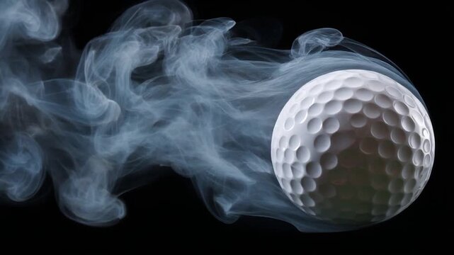 A white spherical object with dimples floats through swirling, ethereal smoke against a black background