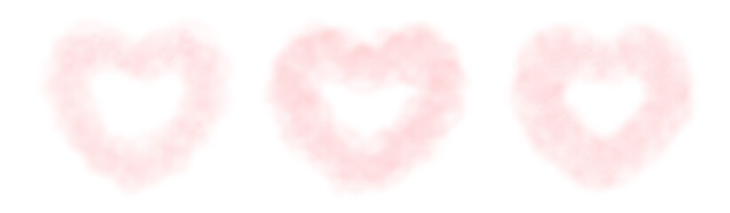 Obraz na płótnie Canvas Pink fluffy heart clouds. Realistic 3d vector illustration with abstract fluffy smoke frames in shape of hearts. Soft cotton candy hearts isolated checkered background for Valentine Day cards, ads.