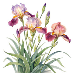 Fototapeta premium A botanical illustration of an iris bush, isolated on a clean white background for easy use in design projects.