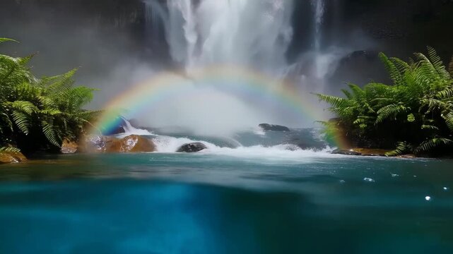 Majestic waterfall cascading into a vibrant turquoise pool creating a stunning rainbow amidst lush green ferns and misty spray a breathtaking natural wonder