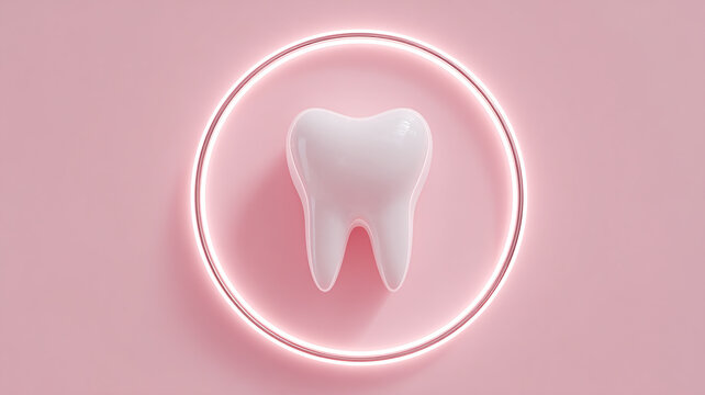 Protected Healthy Tooth in Circular Shield on Pink Background. Dental Care Concept.