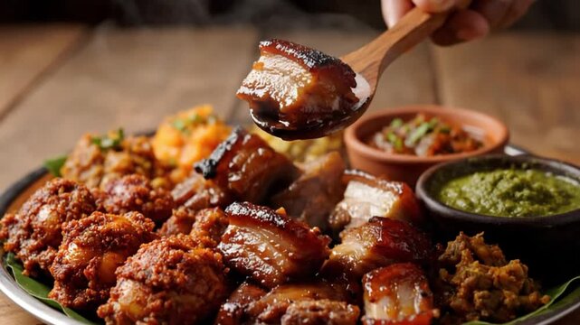 A wooden spoon lifts barbecue ribs amidst a platter of assorted meats and dips on a rustic table