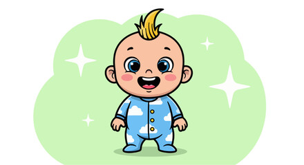 A smiling baby boy stands in a cloud with sparkles around him wearing blue clothes with a mohawk hairstyle in a playful scene
