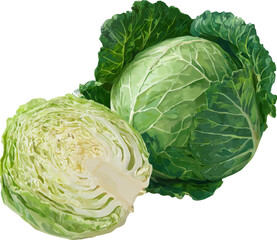 Obraz premium Fresh Green Cabbage with Half Section Displaying Crisp Leaves and Texture