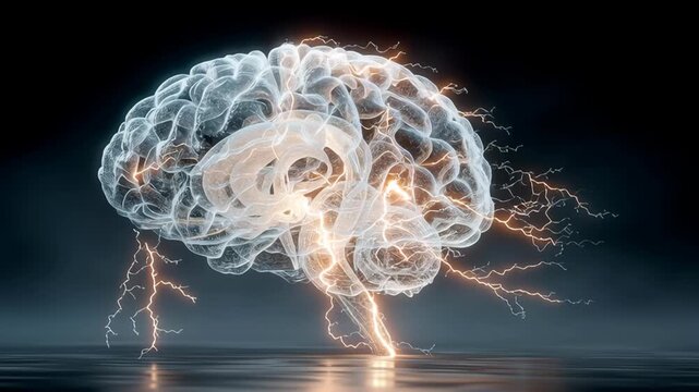 Translucent human brain depicted with dynamic lightning to illustrate neural activity and advanced neuroscience concepts, reflecting modern technological and scientific advancements in understanding t