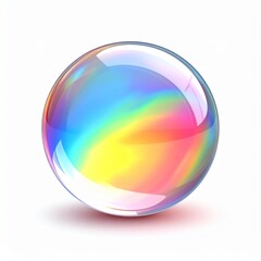 A single iridescent bubble reflecting a rainbow of colors against a white background.
