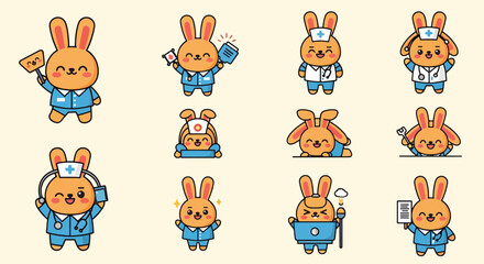 Fototapeta premium Cute Rabbit Doctor Cartoon Set