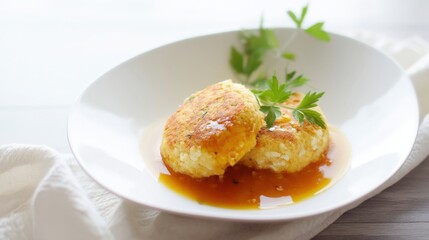 Cottage Cheese Syrniki with Honeysuckle Sauce on White Background. Generative AI