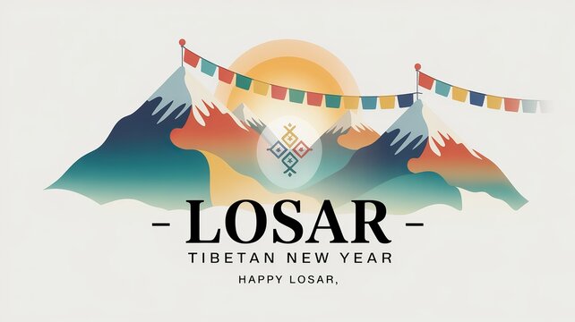 Losar Tibetan New Year Celebration Illustration with Mountains and Prayer Flags