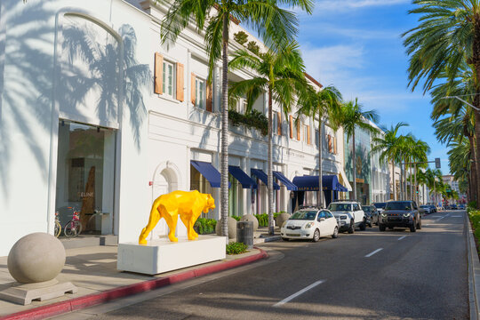 Beverly Hills, California - January 21, 2026: Yellow Art Sculpture near Ralph Lauren on Rodeo Drive