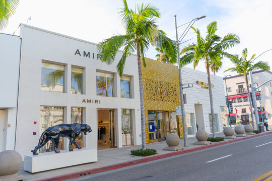Beverly Hills, California - January 21, 2026: Amiri & Piaget Boutiques with Art on Rodeo Drive