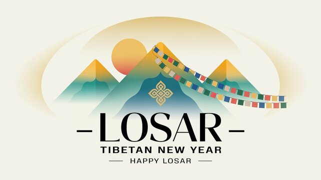 Losar Tibetan New Year Celebration Illustration with Mountains and Prayer Flags