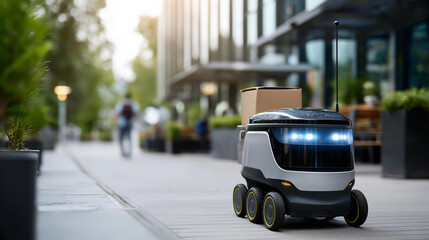 Autonomous delivery robot navigating urban sidewalk efficiently, driverless courier technology, automated logistics solutions, futuristic package delivery, AI-powered navigation, smart city