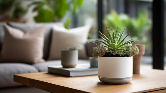 Contemporary self-watering smart planter in modern living room, automated plant care technology, IoT gardening solutions, indoor green living, connected home devices, sustainable urban