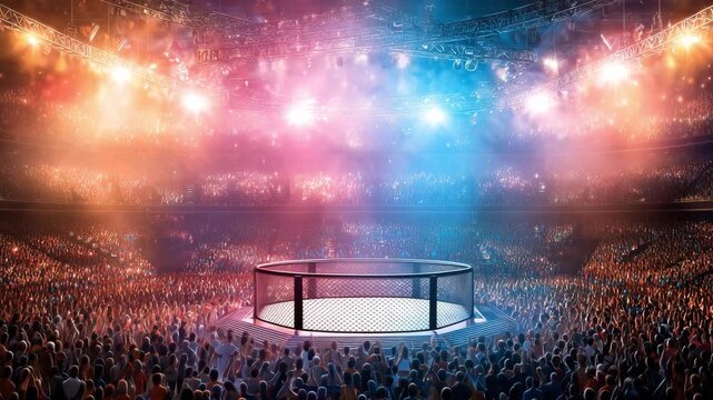 A crowd cheers as bright lights focus on the octagon in a packed arena during a high energy fight night event