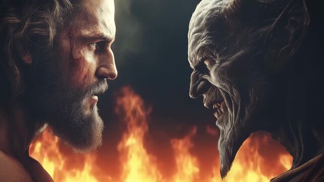 Jesus Christ confronts a demon in a dark setting with flames as both display intense expressions and emotions during a duel