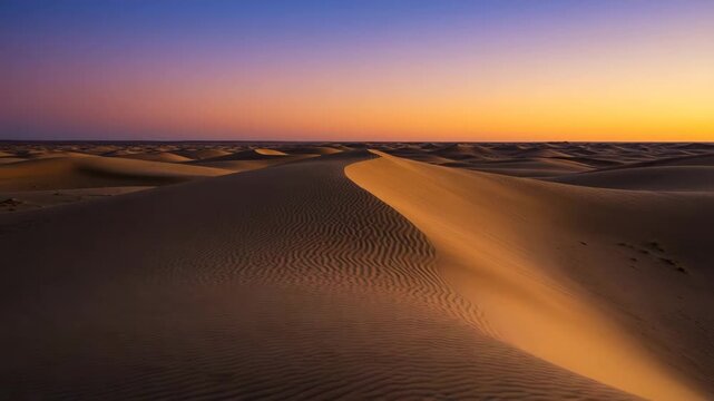 Serene desert landscape with dunes under vibrant sunset sky  