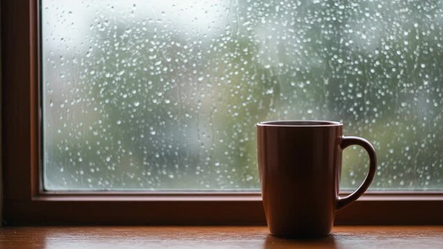 Coffee mug sitting on windowsill with rain falling outside  