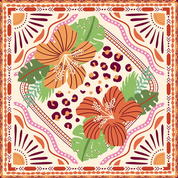 Geometric tropical tile, floral summer scarf seamless pattern. Hand drawn checkered composition with tropic flower, leopard skin spots, sun, ethnic geometric ornament. Vector print, textile, wallpaper