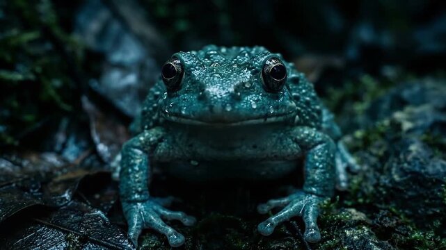 A close-up view of a green toad sitting on a mossy forest floor, surrounded by dark foliage