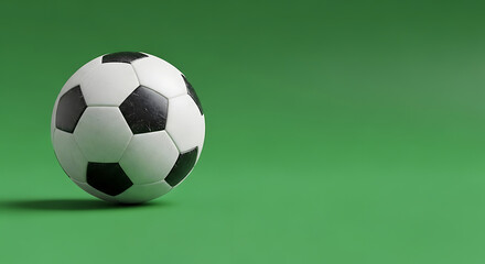 A close-up shot of a classic black and white soccer ball resting on a vibrant green surface, symbolizing the sport and its passion