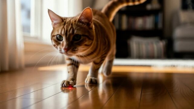 A ginger tabby cat plays with a laser pointer on a wooden floor indoors.