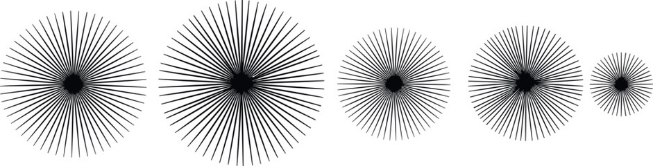 Obraz premium Abstract black sunburst line art collection, radial geometric burst vector elements, decorative circular rays set for minimalist graphic design, starburst explosion pattern shapes