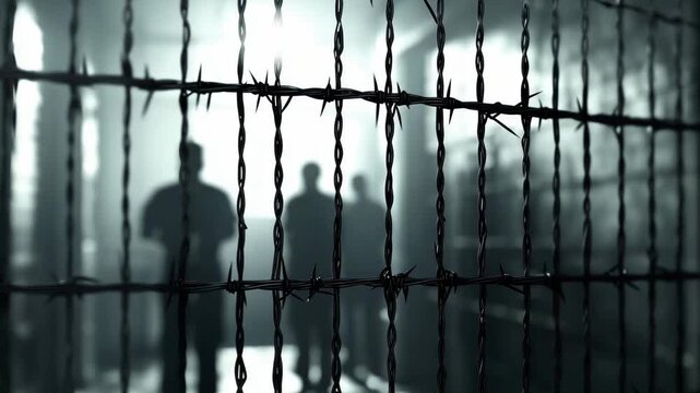 A group of figures stands behind barbed wire in a poorly lit area of a prison during the evening