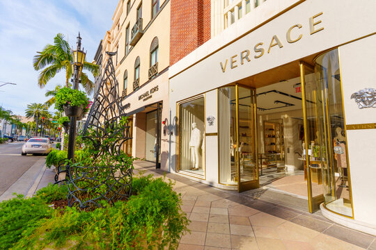 Beverly Hills, California - January 21, 2026: Versace and Michael Kors storefronts on Rodeo Drive, Beverly Hills