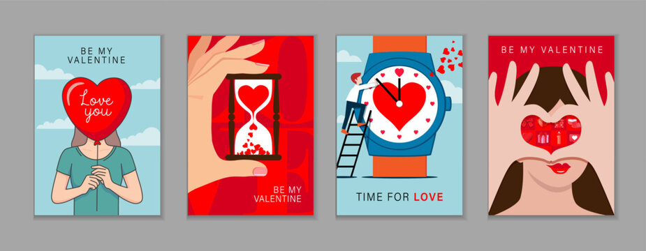 Woman holding heart shaped balloon and heart made of fingers, Be my Valentine creative covers set. Hand holding hourglass with heart and clock with hour markers made of hearts - Valentine's Day poster