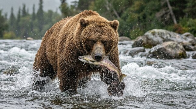 Brown bear catching salmon(サケを捕まえたヒグマ)