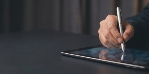 Digital technology tablet stylus hand document management system security privacy with sync efficiency encryption analyst technology file digital workflow verification upload approval access