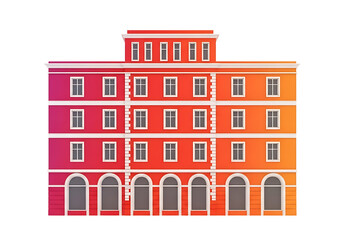 Naklejka premium Colorful European building facade with arched windows and warm sunset glow