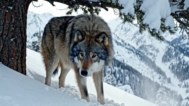 A majestic wild wolf traverses through deep, pristine snow in a breathtaking winter mountain landscape. Its thick, grey and brown patterned fur provides natural insulation against the bitter cold as i