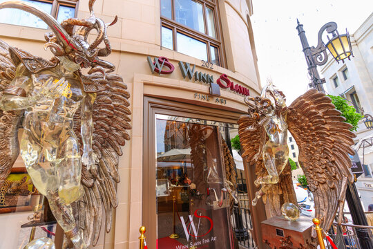 Beverly Hills, California - January 21, 2026: Winn Slavin Fine Art gallery entrance with sculptures