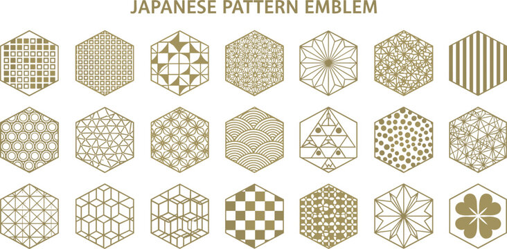 Set of gold hexagonal Japanese pattern emblems, traditional geometric motifs, and oriental ornaments in minimalist style for luxury branding and decorative design,