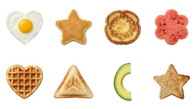 Creative shaped food set including heart egg, star pancake, watermelon, waffle, and toast isolated. Kids breakfast and bento lunch collection.